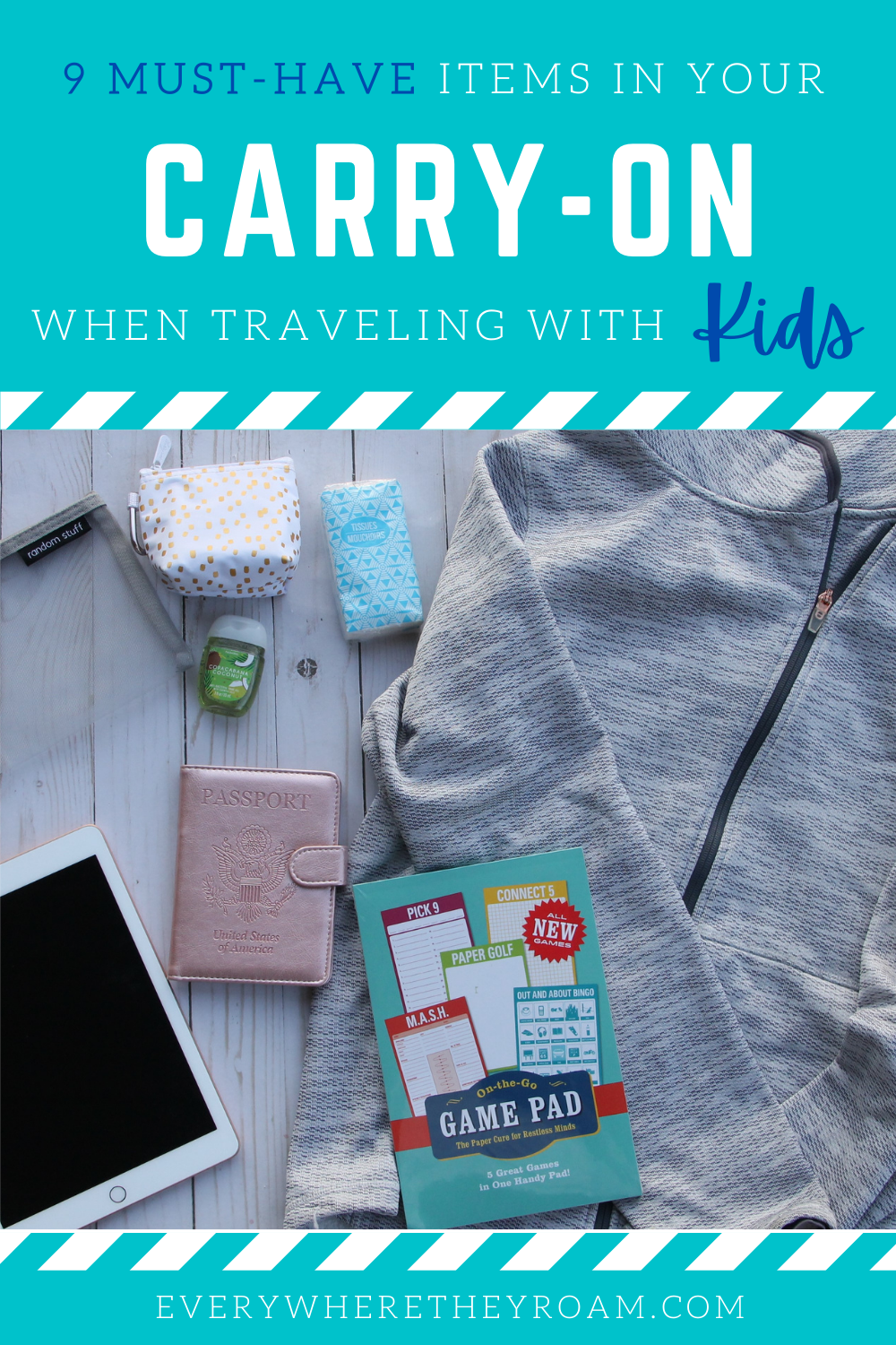 Pinterest post image for 9 must have items in your carry on when traveling with kids