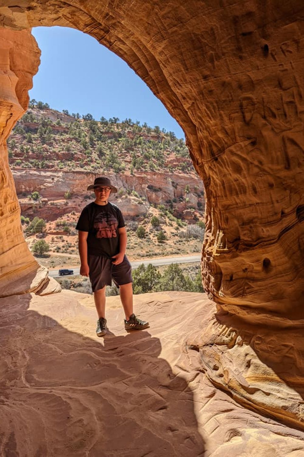Mikey in the sand cave in Kanab, Utah