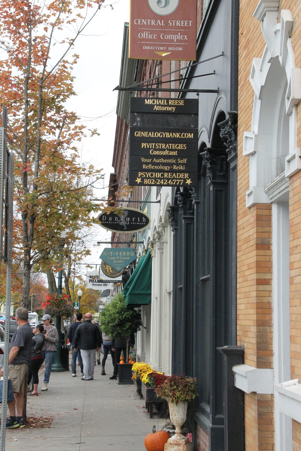 Streets lined with small shops in Woodstock, Vermont
