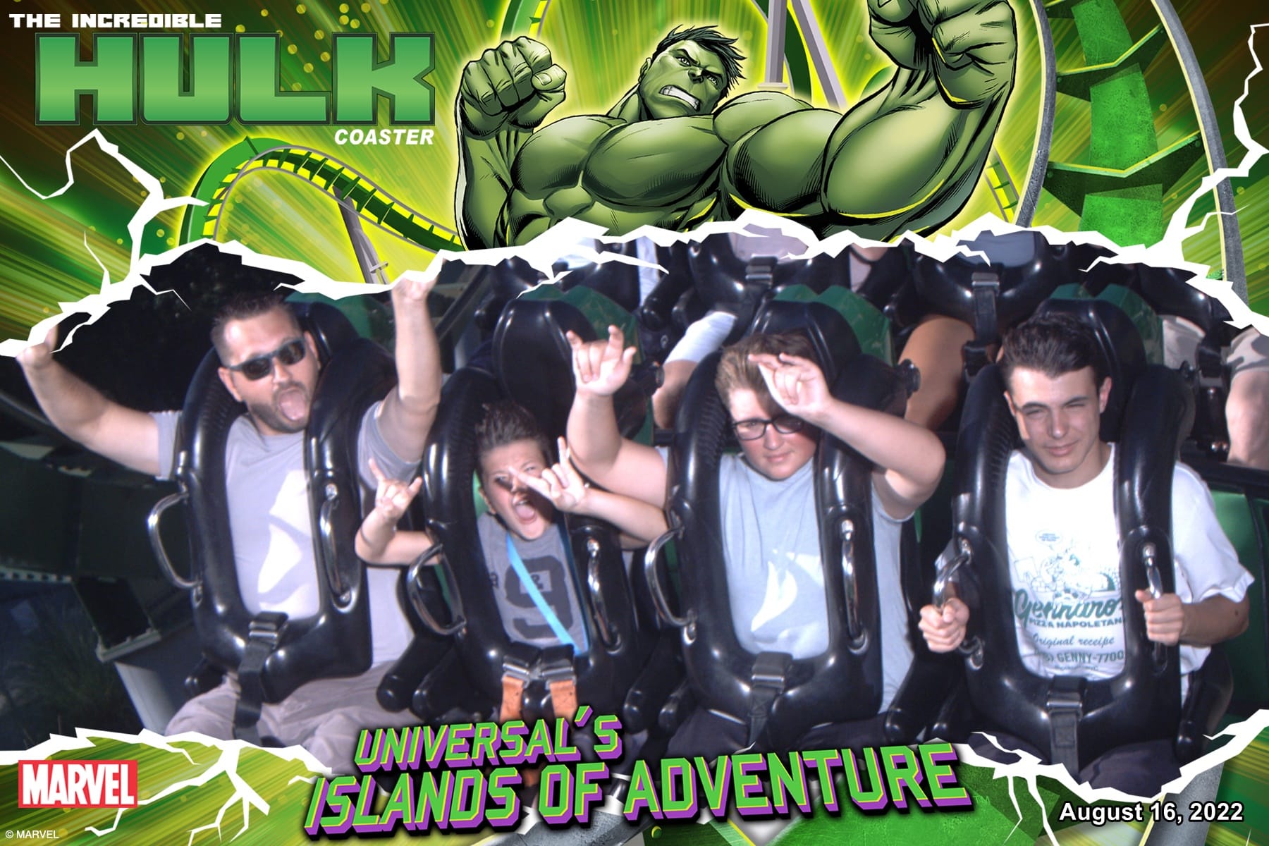 Hulk ride photo of my husband and two boys