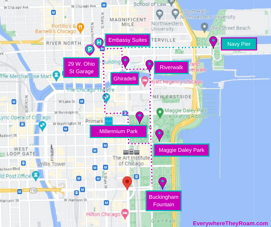 This is our walking map for our day in Chicago.  Purple shows our daytime activities, while the turquoise shows our evening activities.