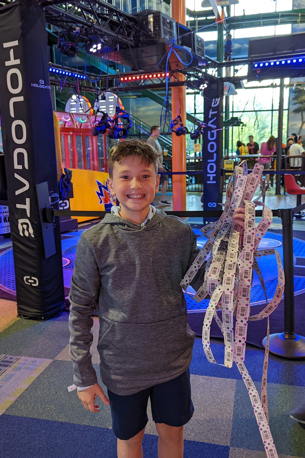 Our son winning lots of tickes in the Arcade at Tome Foolerys