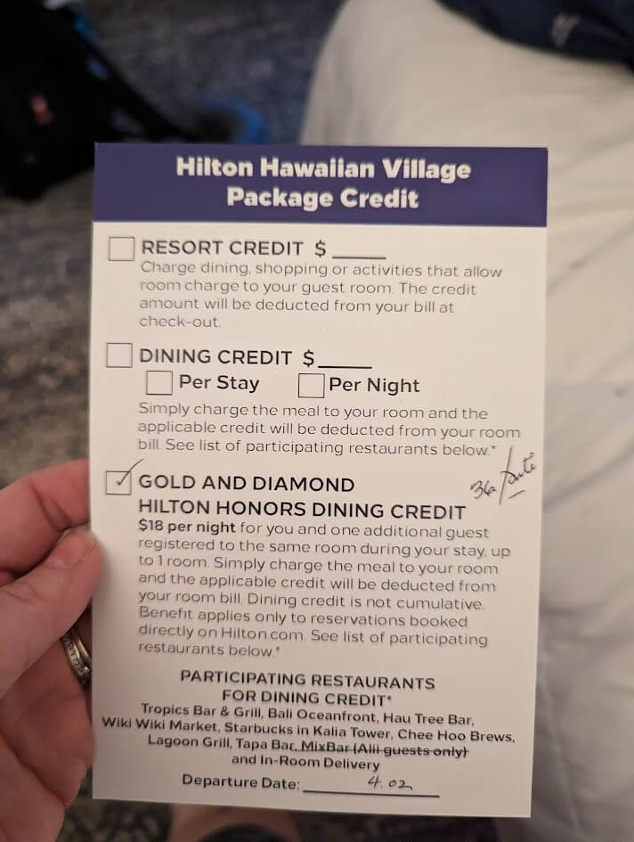 Hilton Hawaiin Village Food and Beverage Credit