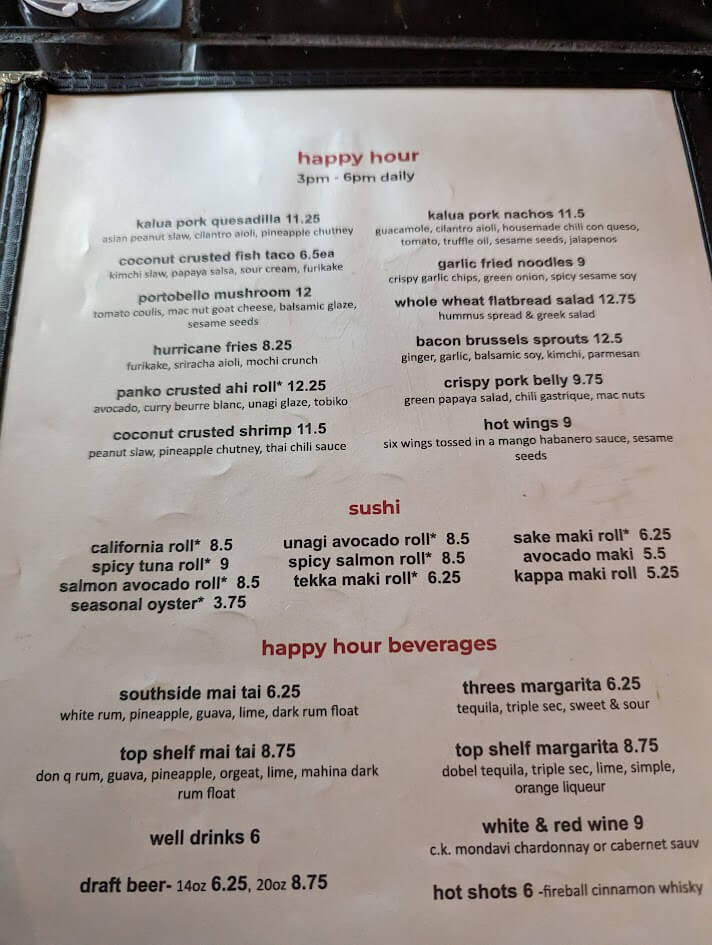 Happy Hour menu at Three's Bar and Grill in Maui