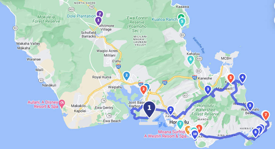 Day 1 Oahu Driving Map