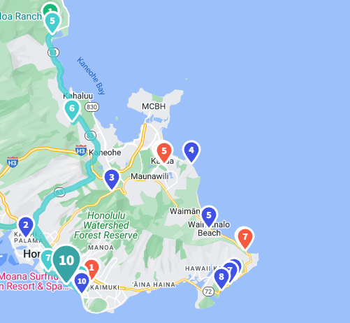 Day 2 Oahu Driving Map