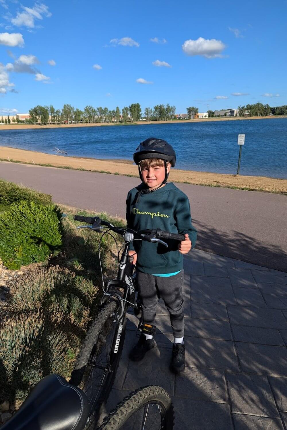 Tyler geared up and ready to go for a bike ride around Lake Lorraine