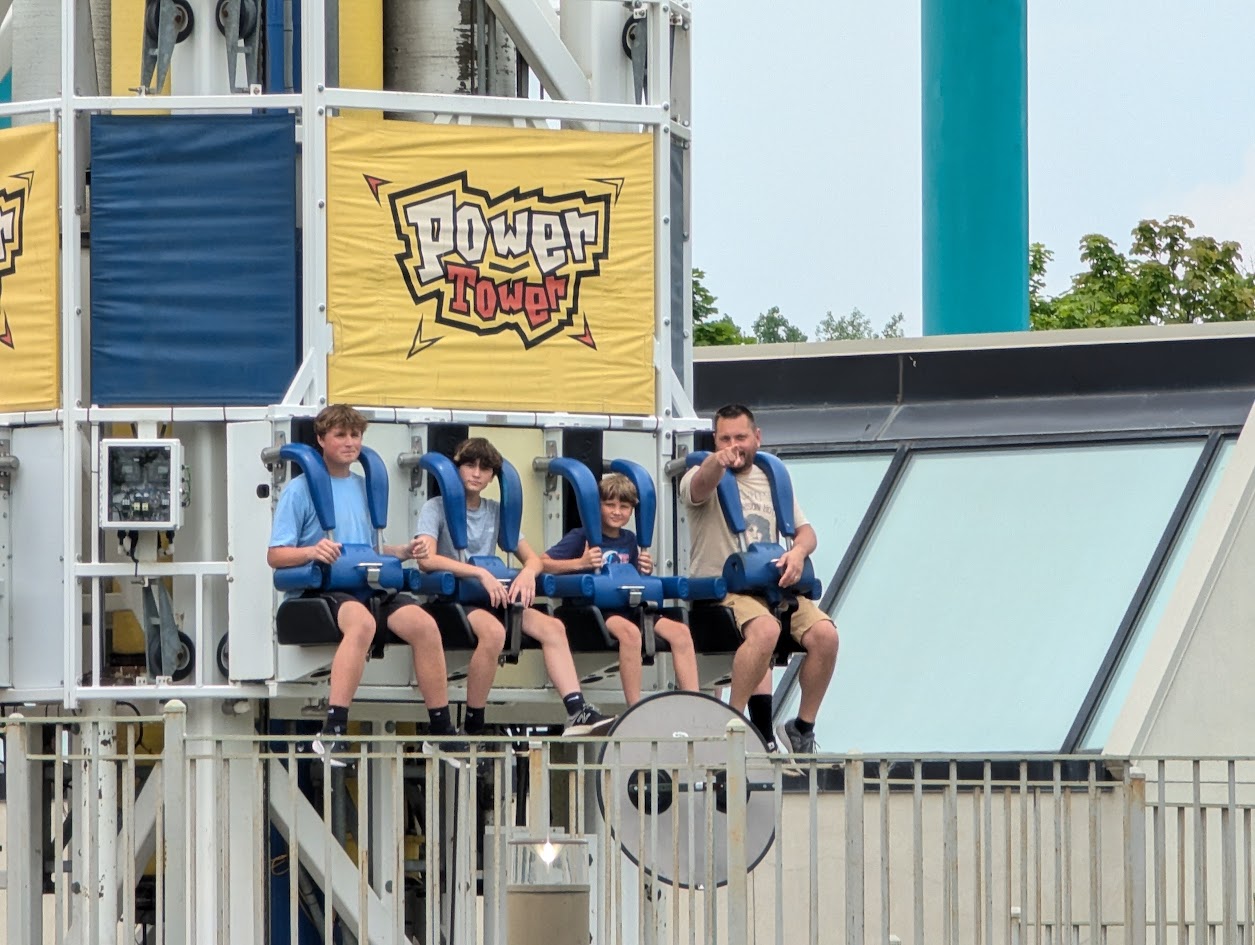 My husband and boys on the Power Tower at Valley Fair Amusement Park