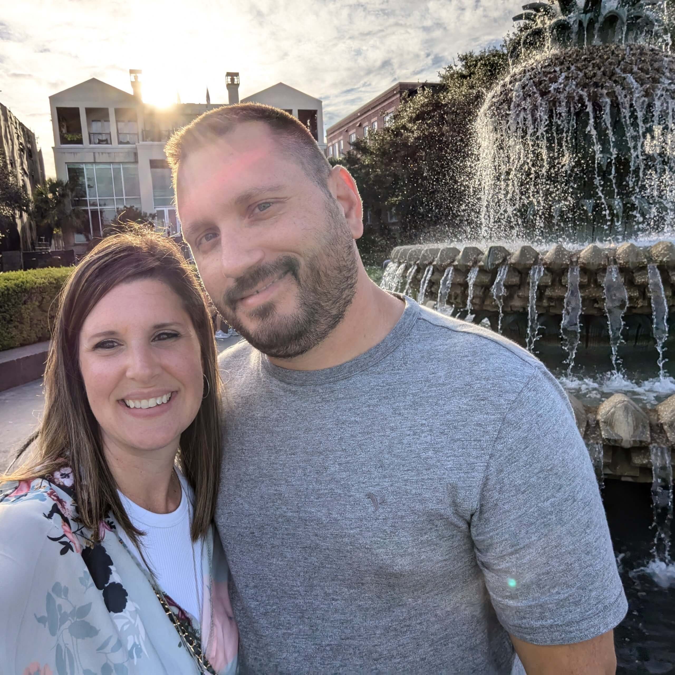 My husband and I at the Pineapple Fountain in Charleston, SC