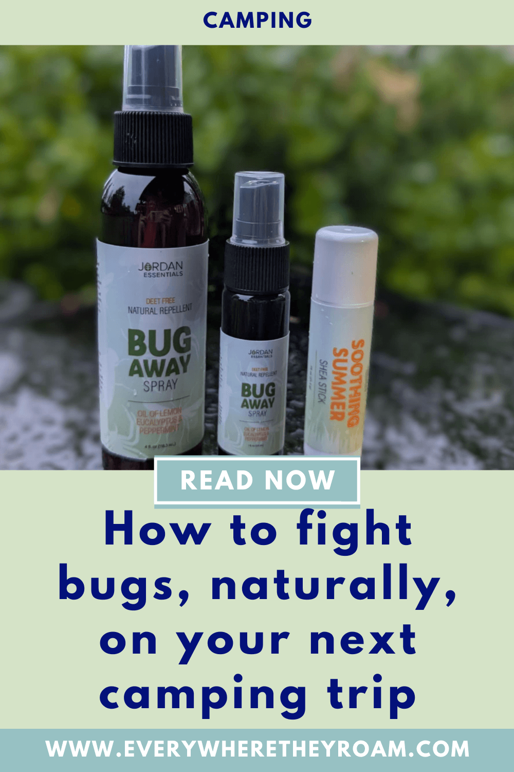 Pinterest post for Jordan Essentials Bug Away Spray and Soothing Summer Stick.  All natural and deet free bug spray.