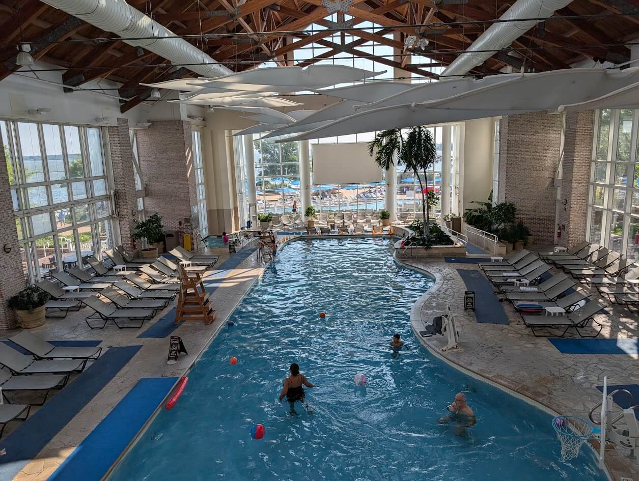 Indoor pool with movie screen at the Hyatt Regency Chesapeake Bay Resort